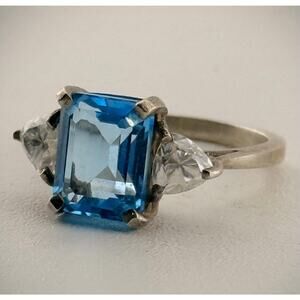 Handmade Sterling Silver Blue Topaz Ring  with Moissanite Accents, Size 6.5